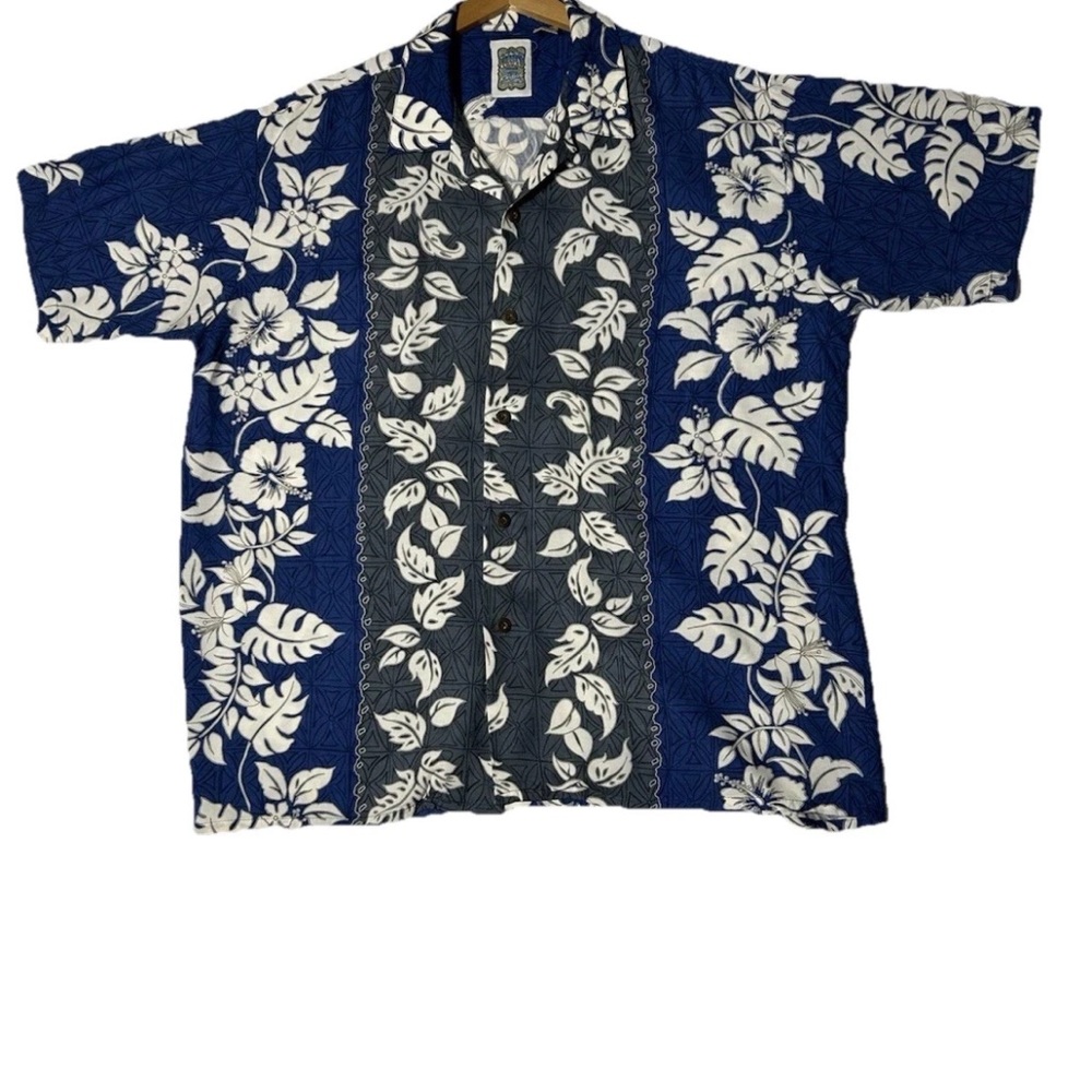 Ocean Current Vintage 100% Rayon Men's Hawaiian Shirt Blue White Floral